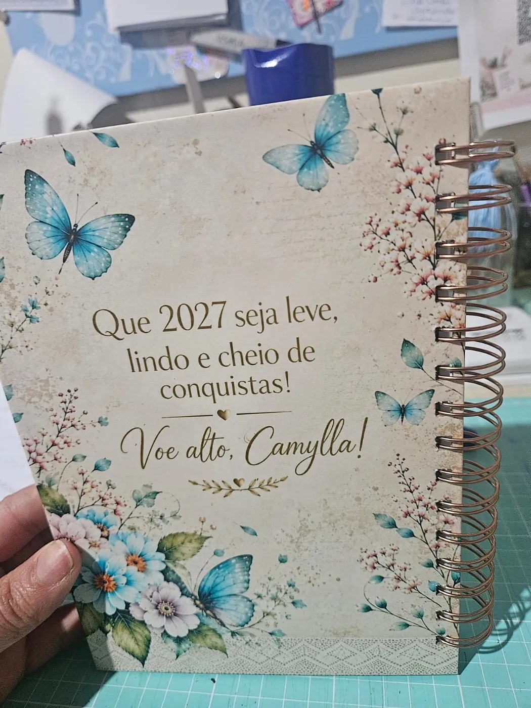 Contracapa com a frase: Que 2027 seja leve, lindo e cheio de conquistas! Voe alto, Camylla!